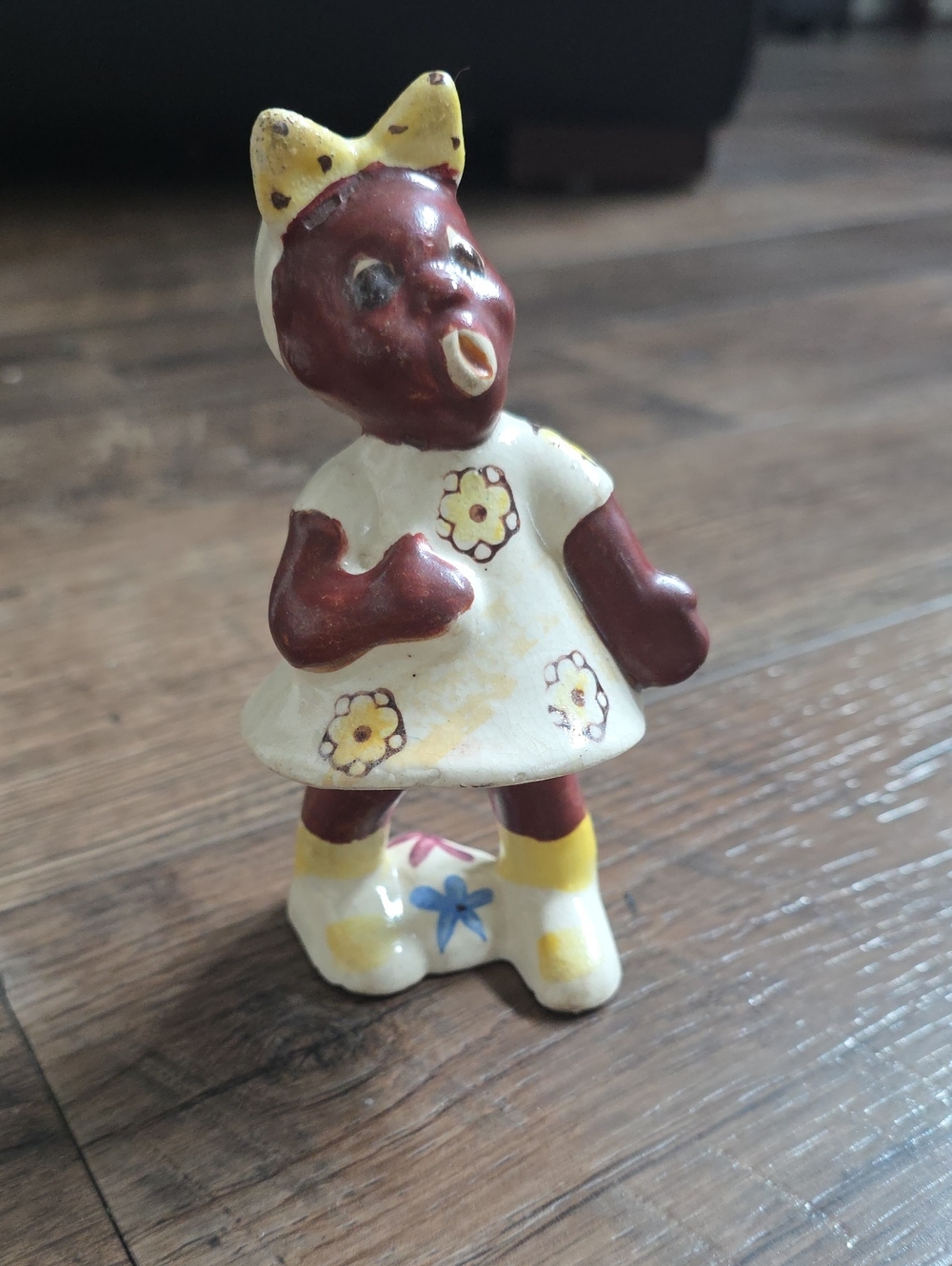 Collector Ceramic Antique  Singing Figurine Girl, Black Americana, Yellow Dress
